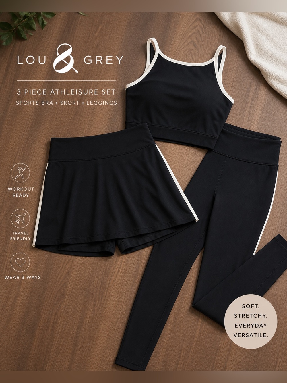 Lou & Grey 3 Pc Athleisure Set Black Leggings Skort Sports Bra S/M NWT NEW